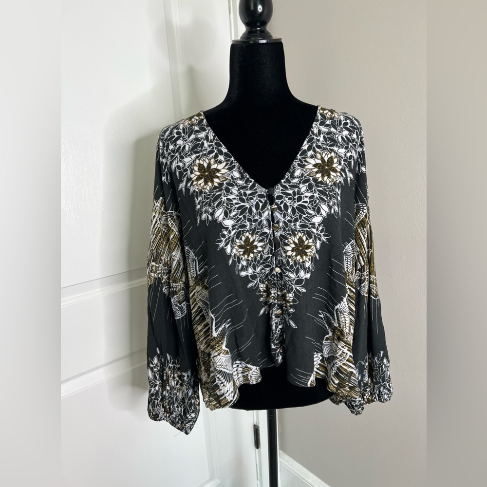 Free People Medium Birds of a Feather Black White Blouse